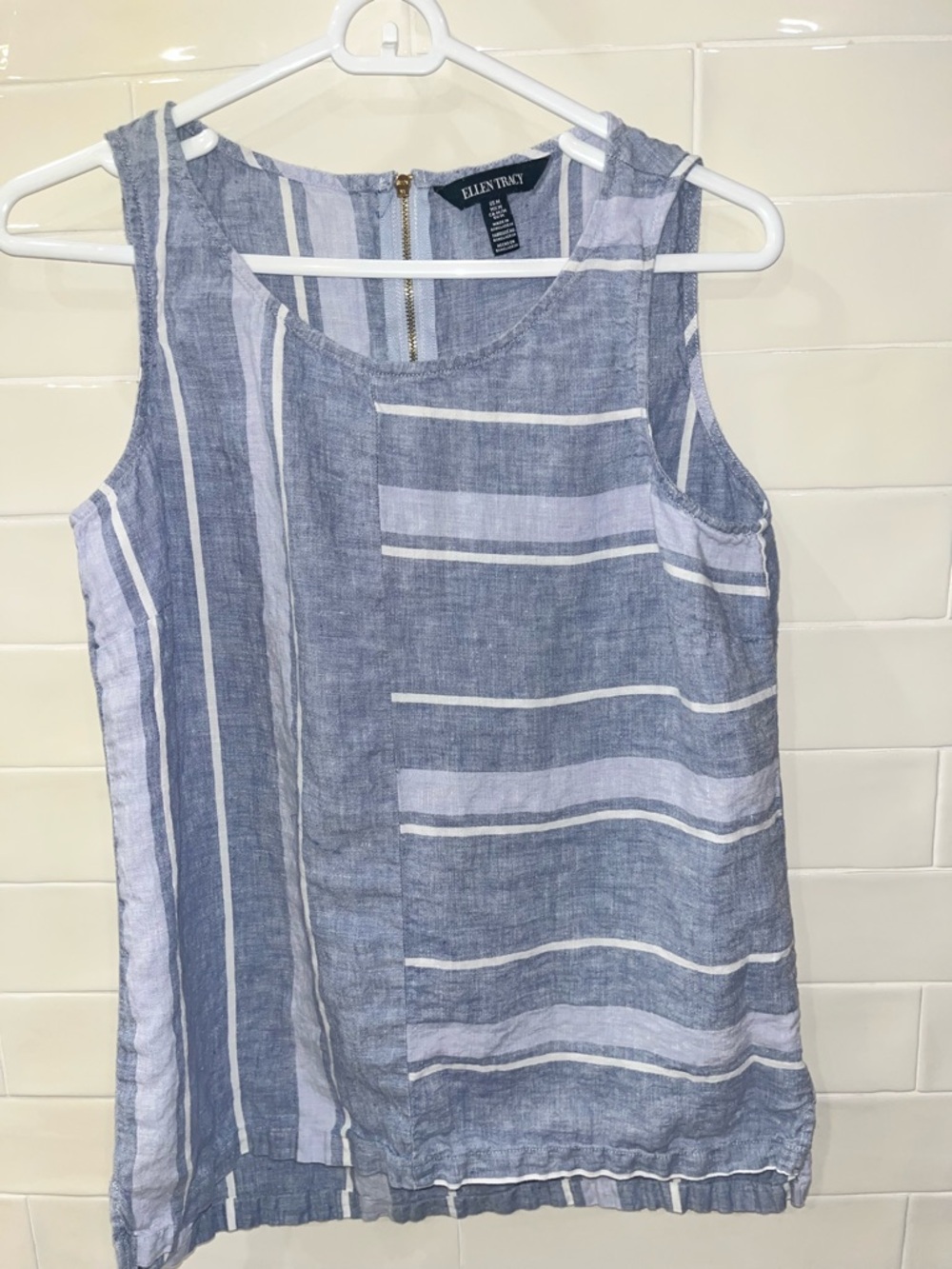 Ellen Tracy Linen Blues White Striped Tank Back Zip Sz Medium